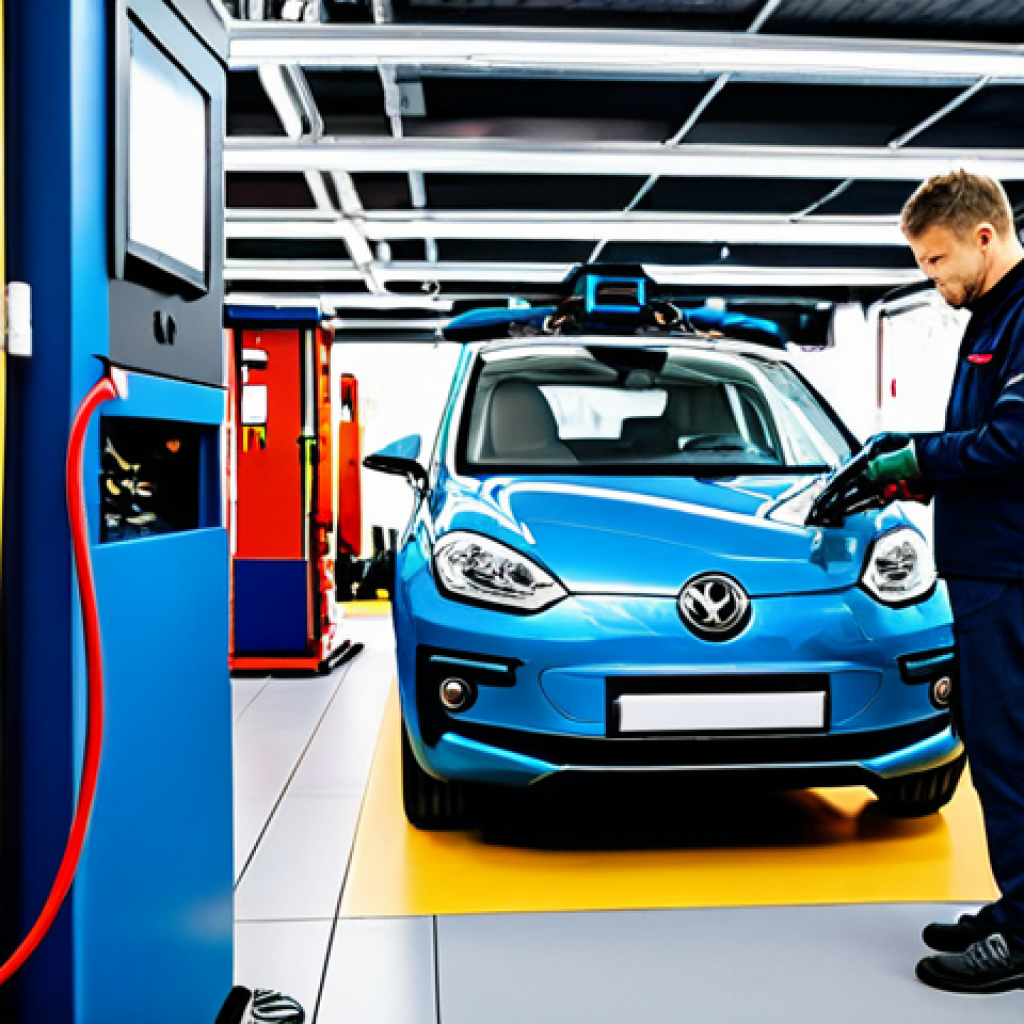 **
"A modern, well-equipped car repair shop in Germany, specializing in electric vehicles. Several mechanics in professional work clothes are seen working on different E-Autos, using diagnostic tools. The shop is clean and organized, with charging stations visible in the background. Focus on the technology and expertise. safe for work, appropriate content, fully clothed, professional."
**