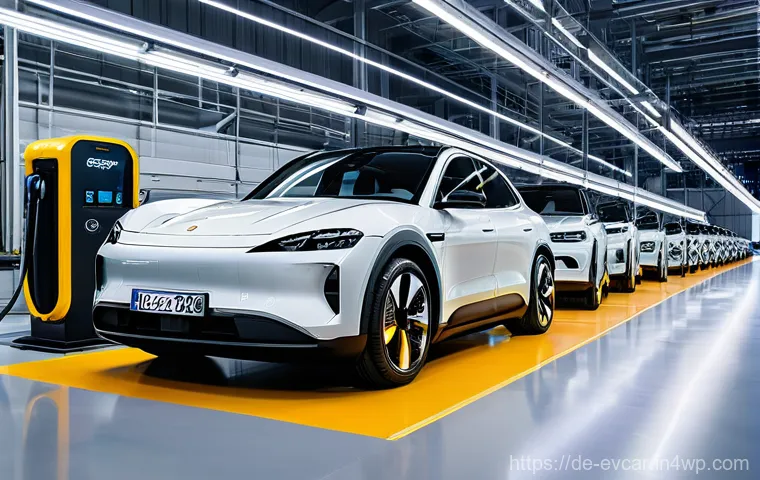 전기차 해외 진출 사례 비교 성공 스토리 - **Prompt: Futuristic German EV Production and Charging Hub**
A wide, clean, and brightly lit int...
