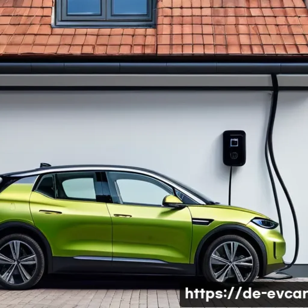 전기차 충전 비용 비교 전기 요금 차이 - A modern German home garage scene featuring an electric vehicle charging at a wall-mounted home char...