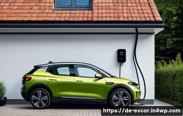 전기차 충전 비용 비교 전기 요금 차이 - A modern German home garage scene featuring an electric vehicle charging at a wall-mounted home char...