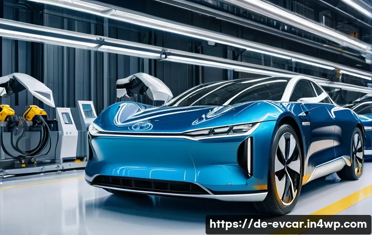 전기차 제작 공정 비교  친환경 공법 - A futuristic electric car manufacturing plant in Germany showcasing advanced automation and robotic ...