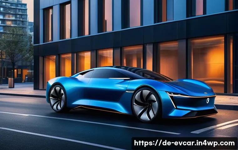 전기차 디자인 변천사 비교  역사적 시각 - A futuristic electric car with sleek, aerodynamic curves and flowing lines, painted in a shimmering ...