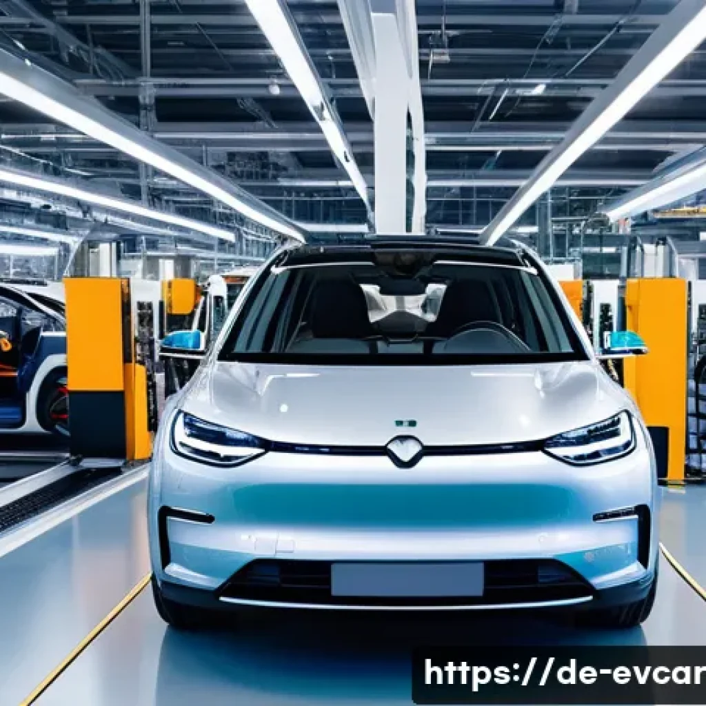 전기차 수출입 동향 비교 글로벌 시장 분석 - A futuristic European electric vehicle manufacturing plant scene in Germany, showcasing advanced rob...