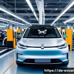 Home 20 전기차 수출입 동향 비교 글로벌 시장 분석 - A futuristic European electric vehicle manufacturing plant scene in Germany, showcasing advanced rob...