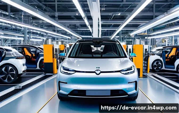 전기차 수출입 동향 비교  글로벌 시장 분석 - A futuristic European electric vehicle manufacturing plant scene in Germany, showcasing advanced rob...