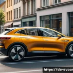 Home 19 전기차 소음 비교 조용한 드라이빙 - A modern electric car driving quietly through a bustling German city street during daytime, surround...
