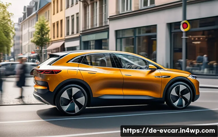 전기차 소음 비교 조용한 드라이빙 - A modern electric car driving quietly through a bustling German city street during daytime, surround...