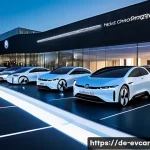 Home 18 전기차 제조사 비교 글로벌 시장 점유율 - A futuristic electric vehicle showroom in a modern German cityscape, featuring sleek models from Vol...