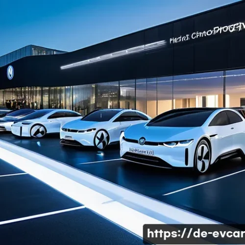Home 30 전기차 제조사 비교 글로벌 시장 점유율 - A futuristic electric vehicle showroom in a modern German cityscape, featuring sleek models from Vol...