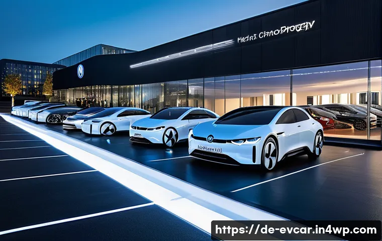 전기차 제조사 비교 글로벌 시장 점유율 - A futuristic electric vehicle showroom in a modern German cityscape, featuring sleek models from Vol...