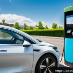 Home 23 전기차 렌트 vs 구매 비교 비용 편익 분석 - A modern German city street scene featuring a sleek electric car parked near a public charging stati...