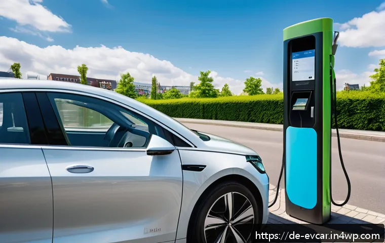전기차 렌트 vs 구매 비교 비용 편익 분석 - A modern German city street scene featuring a sleek electric car parked near a public charging stati...