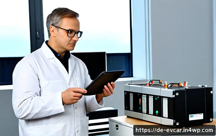 Home 17 전기차 혁신 기술 비교 배터리 기술 발전 - Photorealistic electric vehicle battery technology comparison in a modern German automotive research...