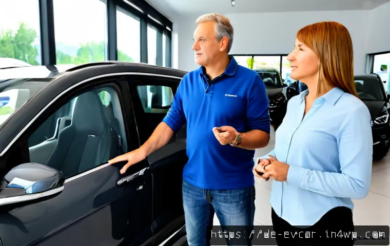 전기차 구매 가이드  어떤 모델이 좋을까 - Photorealistic electric vehicle buying guide scene in a bright modern German dealership, a middle-ag...