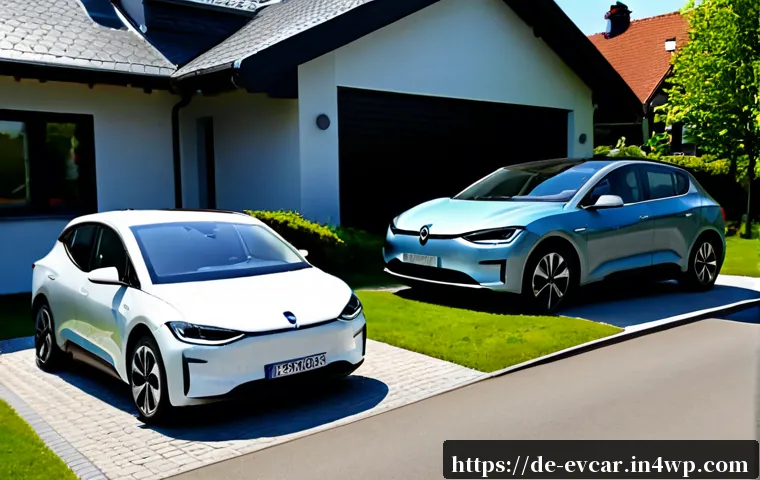 전기차 경차 vs 중형차 비교  선택 기준 - Photorealistic side-by-side comparison of two unbranded electric cars in a clean German suburban dri...